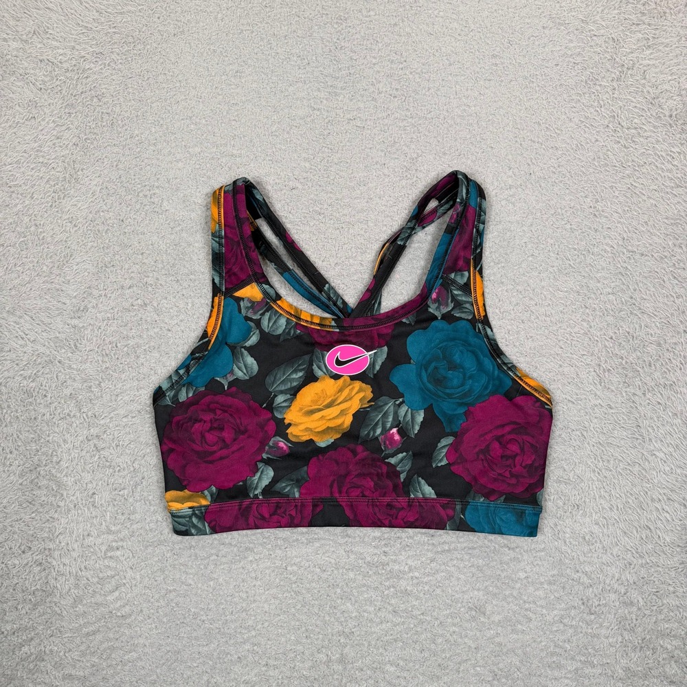 Nike Womens Dri-FIT Floral Rose Print Strappy Cross Back Sports Bra Large Black - Picture 3 of 14